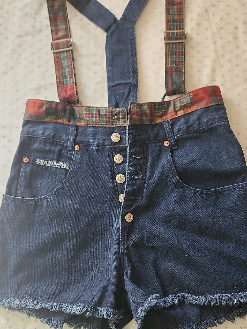 Zana Di High-Waist Navy Denim Button Fly Shorts with Plaid Suspenders Size 9/10